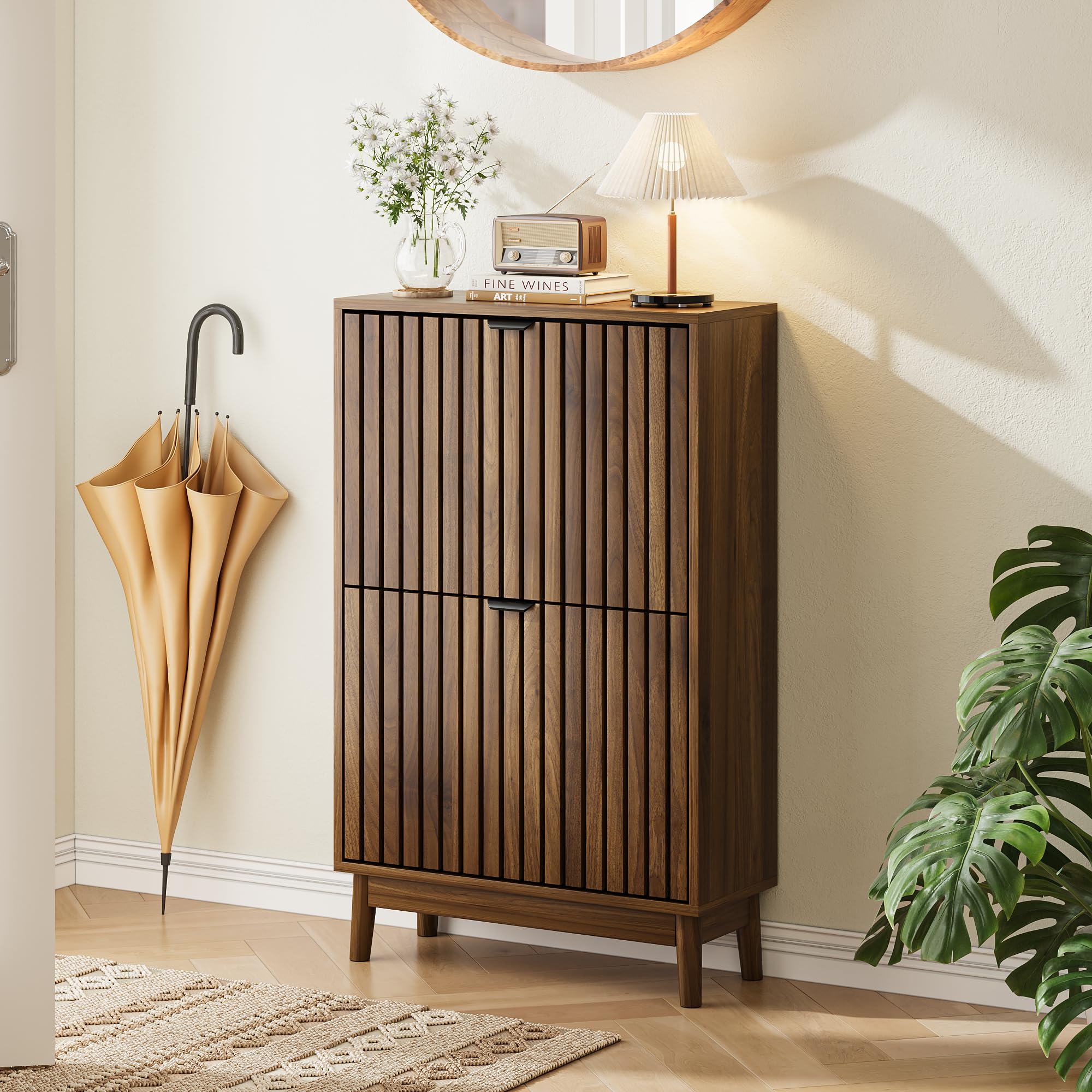 Morwxef Shoe Cabinet Storage for Entryway,Slim Shoe Storage Cabinet with 2 Slatted Flip Drawers, Narrow Shoe Organizer Rack for Entryway, Hallway, Closet (23.6" W,Walnut)