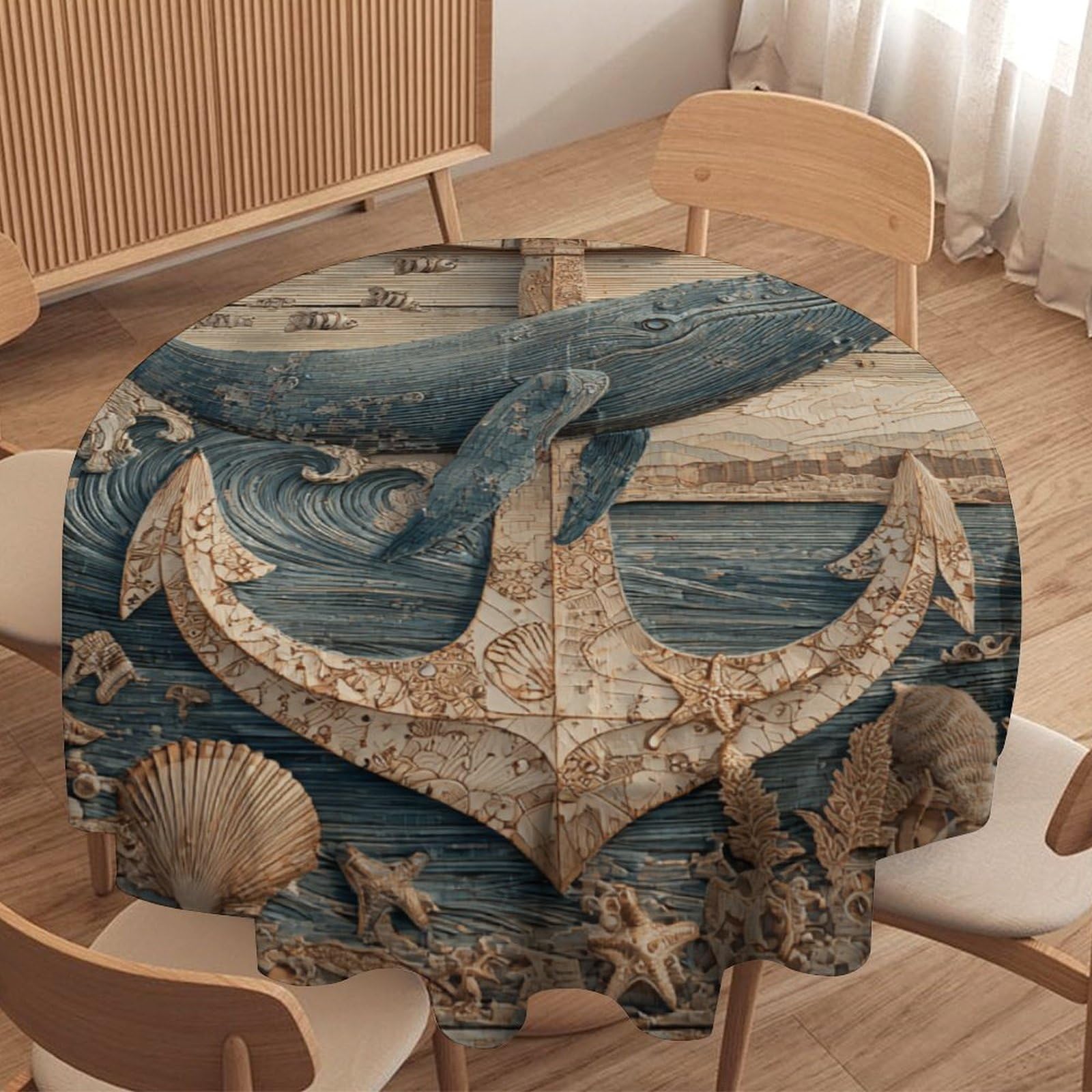 LUYYSKY Fantasy Realistic Fish Whale Round Tablecloth Nautical Oil Painting Wooden Board Sea Animals Whale Ship Anchor Washable Decor for Table Cover for Kitchen-177.8" Wx177.8 L cm