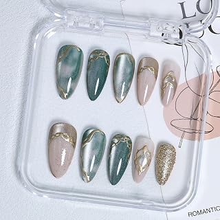 Almond Press on Nails Medium Fake Nails Green False Nail with Gold Glitter Design Handmade Artificial Acrylic Nail Press ons Reusable Almond Nails Glue on Nail for Women Girls 24Pcs