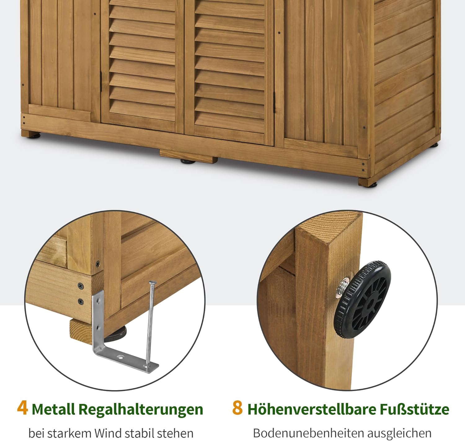 Close-up images showing the metal shelf supports and height-adjustable feet of the M MCombo garden shed, highlighting its stability features.