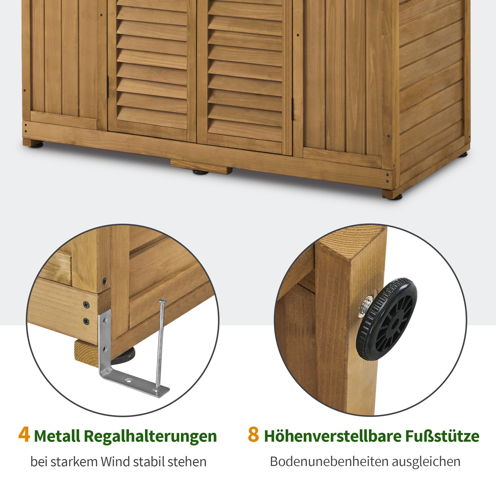 M MCombo Gartenschrank Gartenhaus Holz Wetterfest, Geräteschrank Holzschrank Outdoor Wasserdicht Begehbar, für Außenbereich Balkon Terrasse, Gerätehaus mit 6 Feste Regale 74×143×200 cm (Natur)