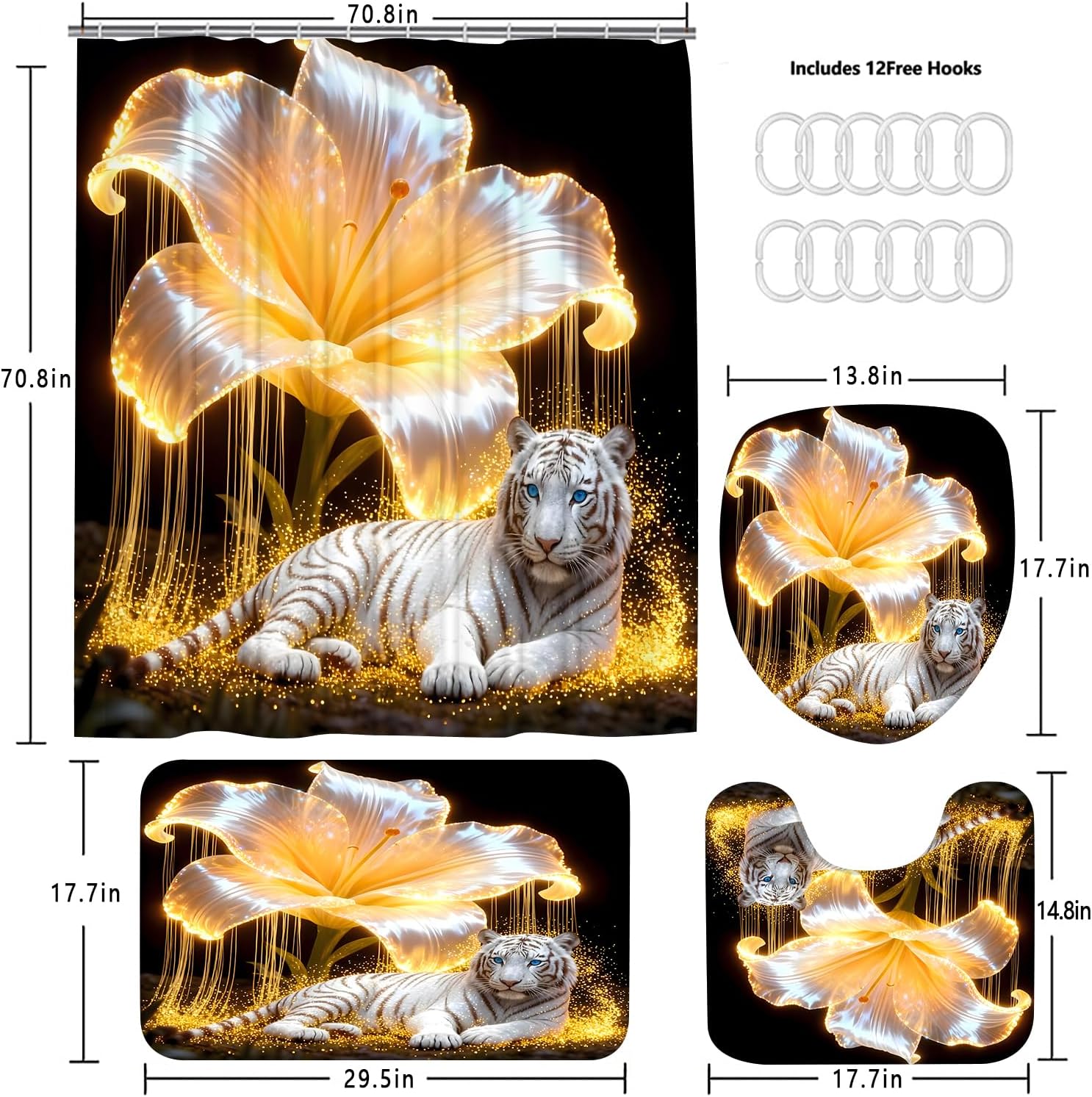 4 Piece Black and Gold Shower Curtain Set with Rugs, Majestic White Tiger & Glowing Golden Lily Floral Art, Luxury Waterproof Fabric Bathroom Decor, Non-Slip Bath Mats & Toilet Lid Cover