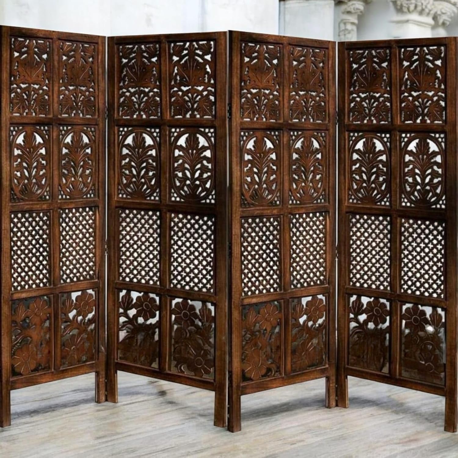 Wooden Partition for Living Room, Privacy Divider, Wooden Room Separator, Divider for Office, Partition for Puja Room-(Mix Frame Design - Brown). (5 feet 4 Panelsss)-image-32