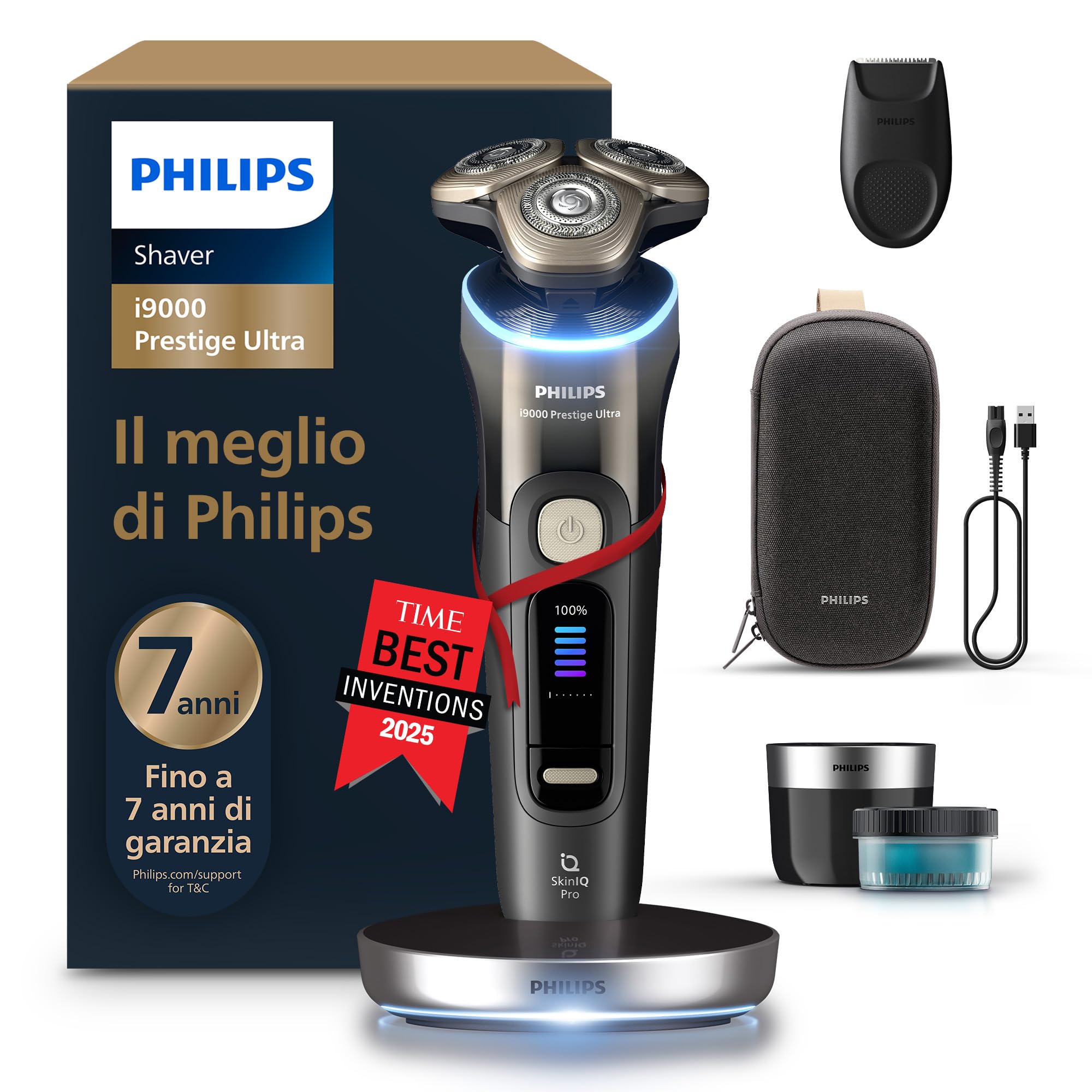 Philips Shaver i9000 Prestige Ultra, rasoio elettrico Wet & Dry, tecnologia Skin IQ Pro, triplo sistema Lift & Cut, lame di precisione NanoTech 360º, 5 modalità di rasatura, modello XP9405/31