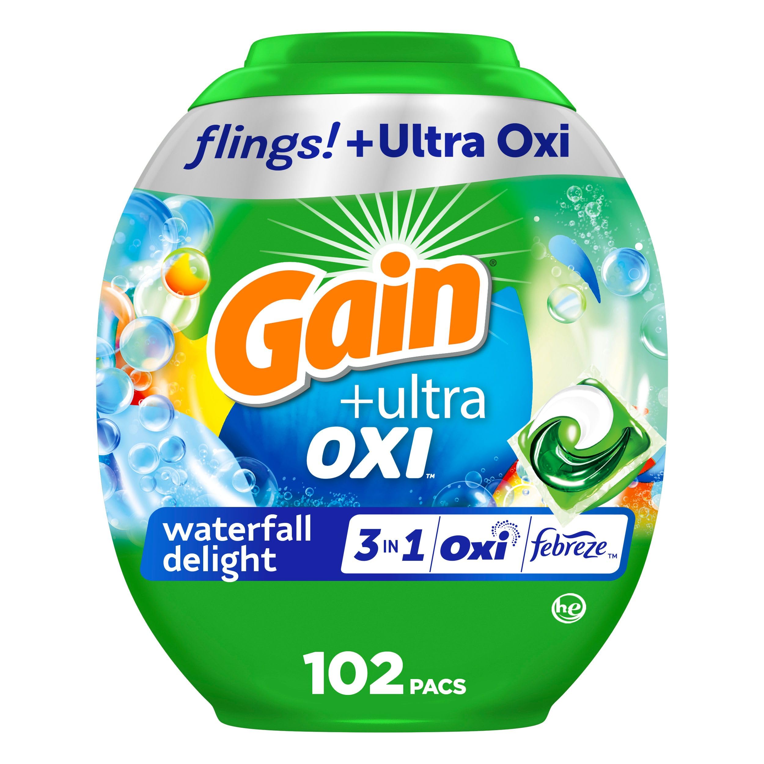 Gain Flings Ultra Oxi Laundry Detergent Pacs, 102 Count, Waterfall Delight Scent, 3-in-1, HE Compatible