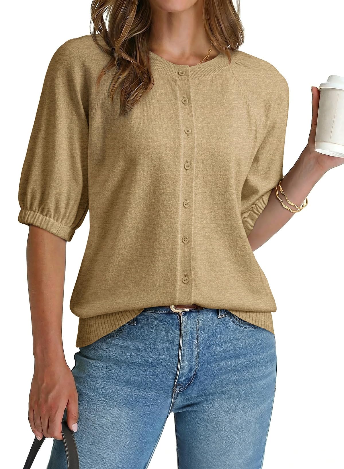 Dokotoo Womens Summer Casual Puff Short Sleeve Cardigan Sweaters Lightweight Soft Crewneck Button Down Knit Sweater Tops