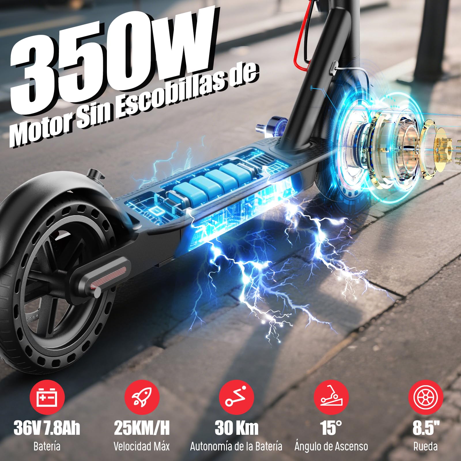 TODIMART Hulajnoga elektryczna dla dorosłych, silnik 350 W, zasięg 20-30 km, opony lite 8,5", 3 prędkości i składana - z aplikacją, dla nastolatków i dojeżdżających do pracy