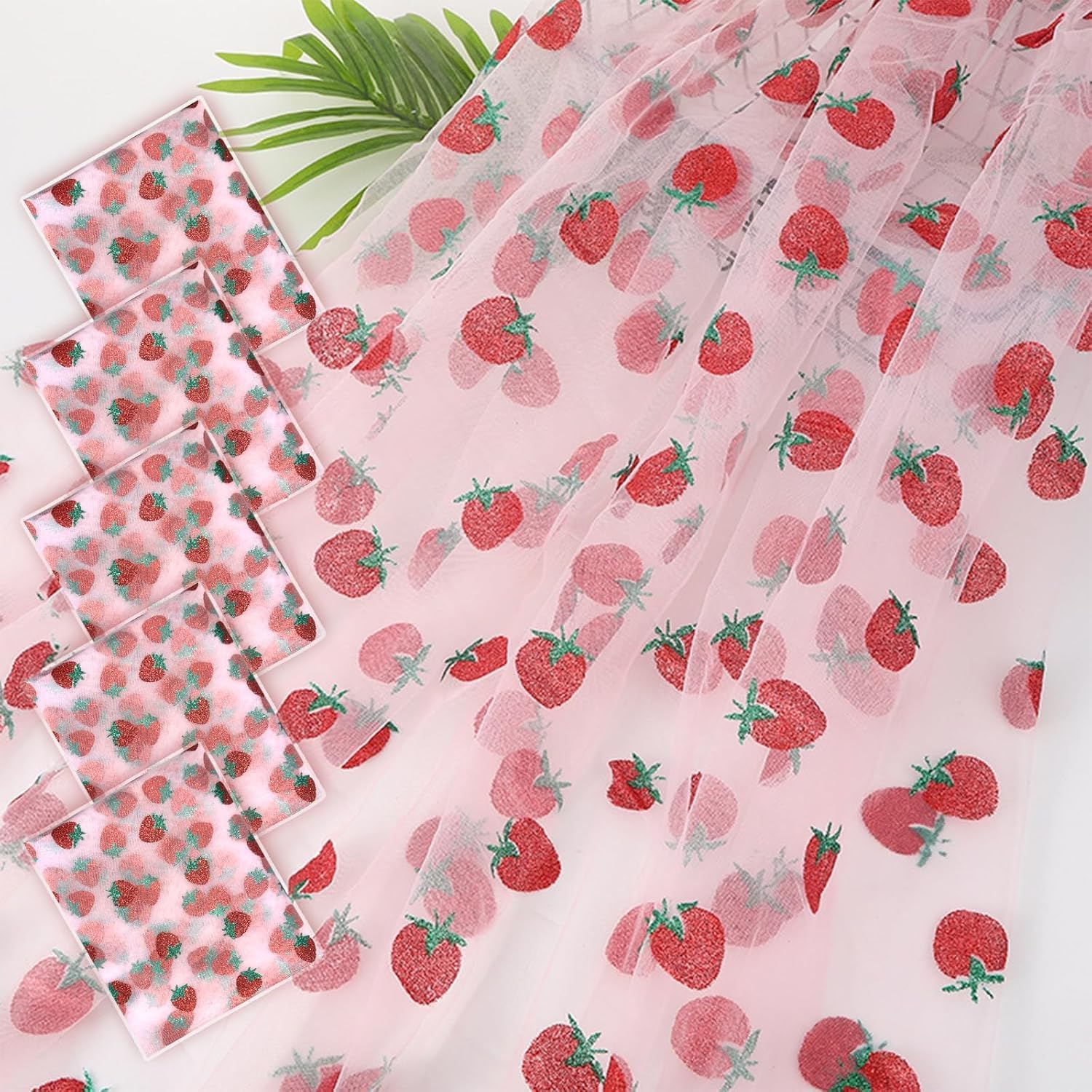 5 Pcs Pink Strawberry Pattern Tulle Table Runner 29x70 Inch Transparent Lace Decoration Tablecloth for Family Birthday Wedding Party Decorations Home Kitchen Table Decor (Strawberry)