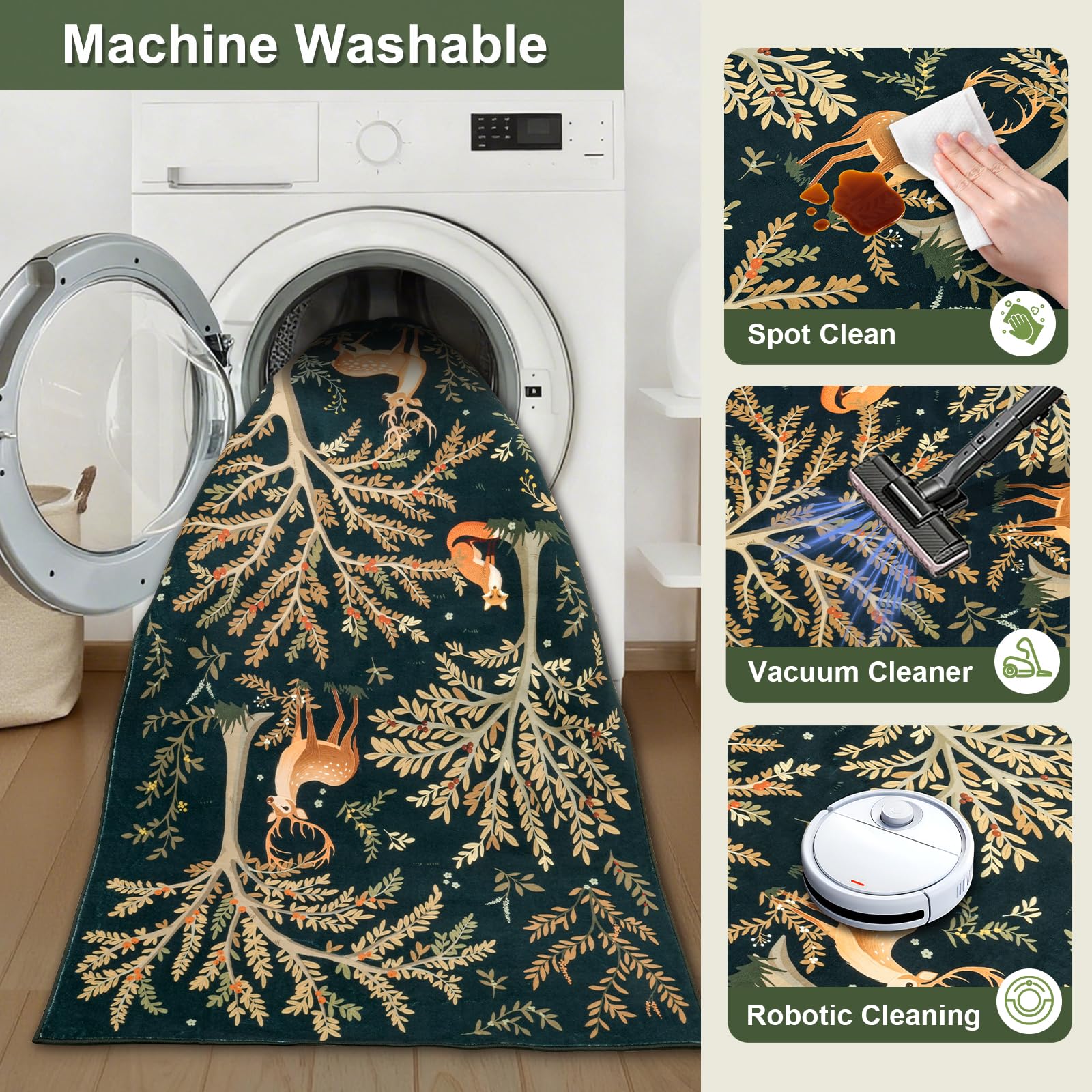 MOSISO Tapis Lavable 121 x 182 cm pour Salon,Vert
