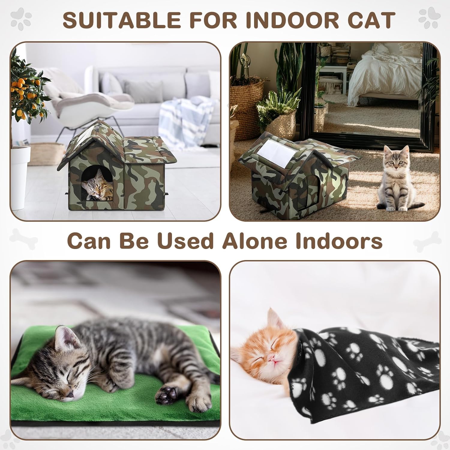 Dansydaisy 3 Pcs 21"x 18" Outdoor Waterproof Cat House with Curtained Door Self Warming Pad Blanket Large Feral Cat Shelter Winter Camo Collapsible Kitty Dog Bed Outside, 3 Tent Stakes, Easy Assemble