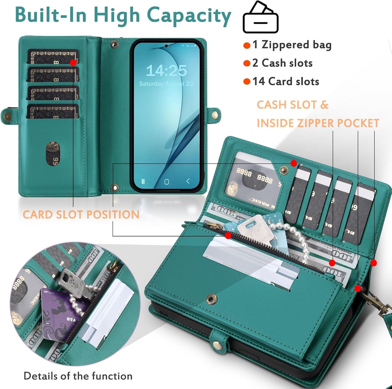 for Wallet Case Compatible with Samsumg Galaxy S25 Plus Multi-Function Detachable 2 in 1 Magnetic Phone Case Wallet,Flip Strap Zipper Card Holder Phone Case with Shoulder Straps (Green) - Image 4