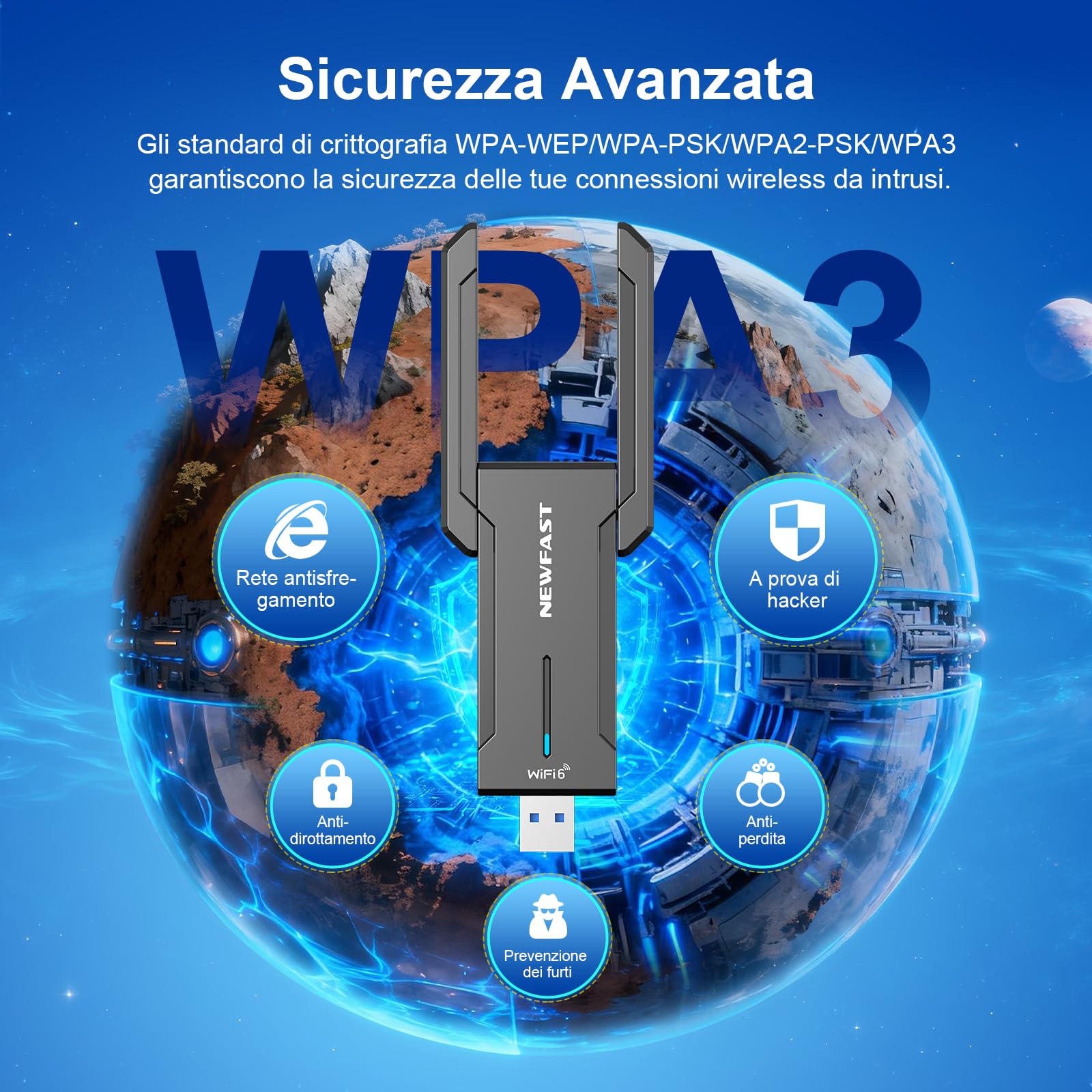NEWFAST Chiavetta WiFi 6E USB 5400Mbps Tri-Band 6/5/2,4GHz USB3.0 OFDMA MU-Mimo WPA3 NF-U353