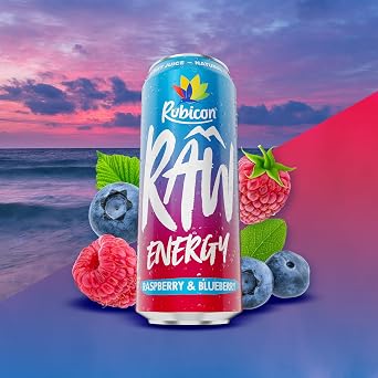 Rubicon RAW 12 Pack Raspberry & Blueberry 500ml Energy Drink, 20% Real Fruit Juice, High caffeine with B-Vitamins, Ginseng & Guarana, No Artificial Colours or Flavours, Reduce Tiredness & Boost Energy