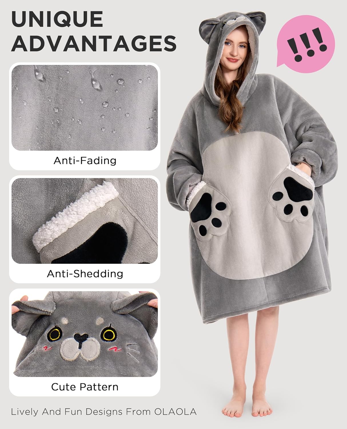 OLAOLA Wearable Blanket Hoodie for Adults - Oversized Animal Hooded Blanket - Soft Warm Cozy Sherpa Fleece Sweatshirt - Image 3