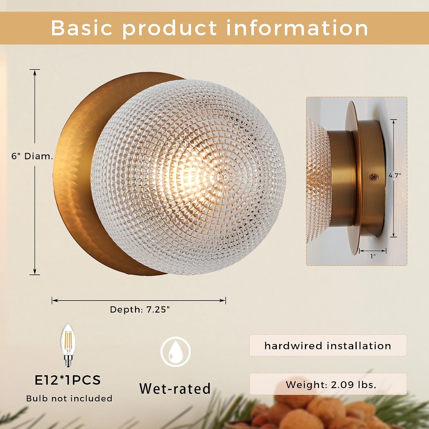 Antique Brass Globe Glass Prismatic Wall Sconce, Elegant Textured 6 Inch Dia Wall Mount Light, Decorative Wall Fixture for Entryway, Hallway, Bedroom, Living Room