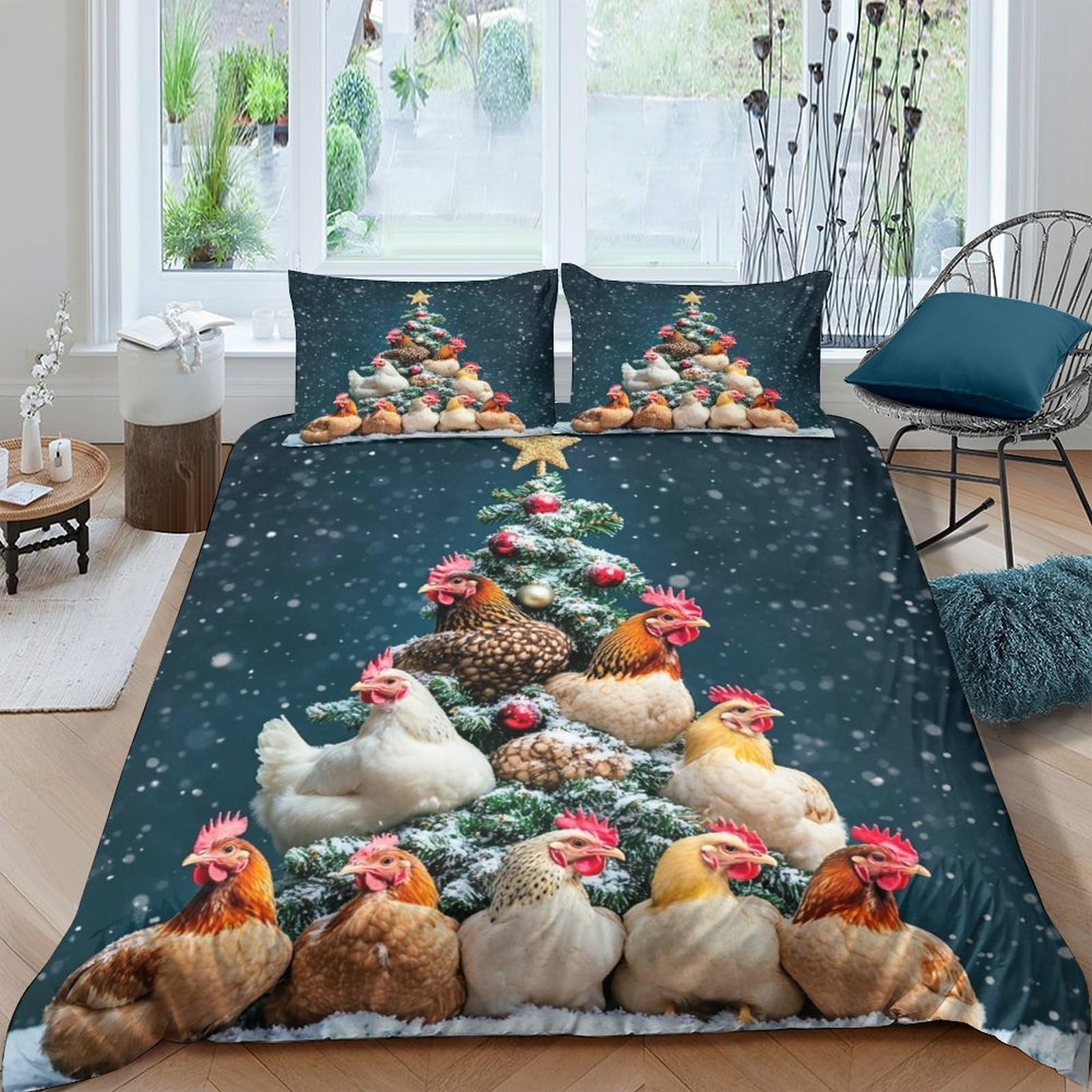 TUFRTGYHN 3D Printed Christmas Chicken Tree Duvet Cover Set Microfiber Soft Breathable with 2 Pillowcases for Bedroom Decor Single（135x200cm）