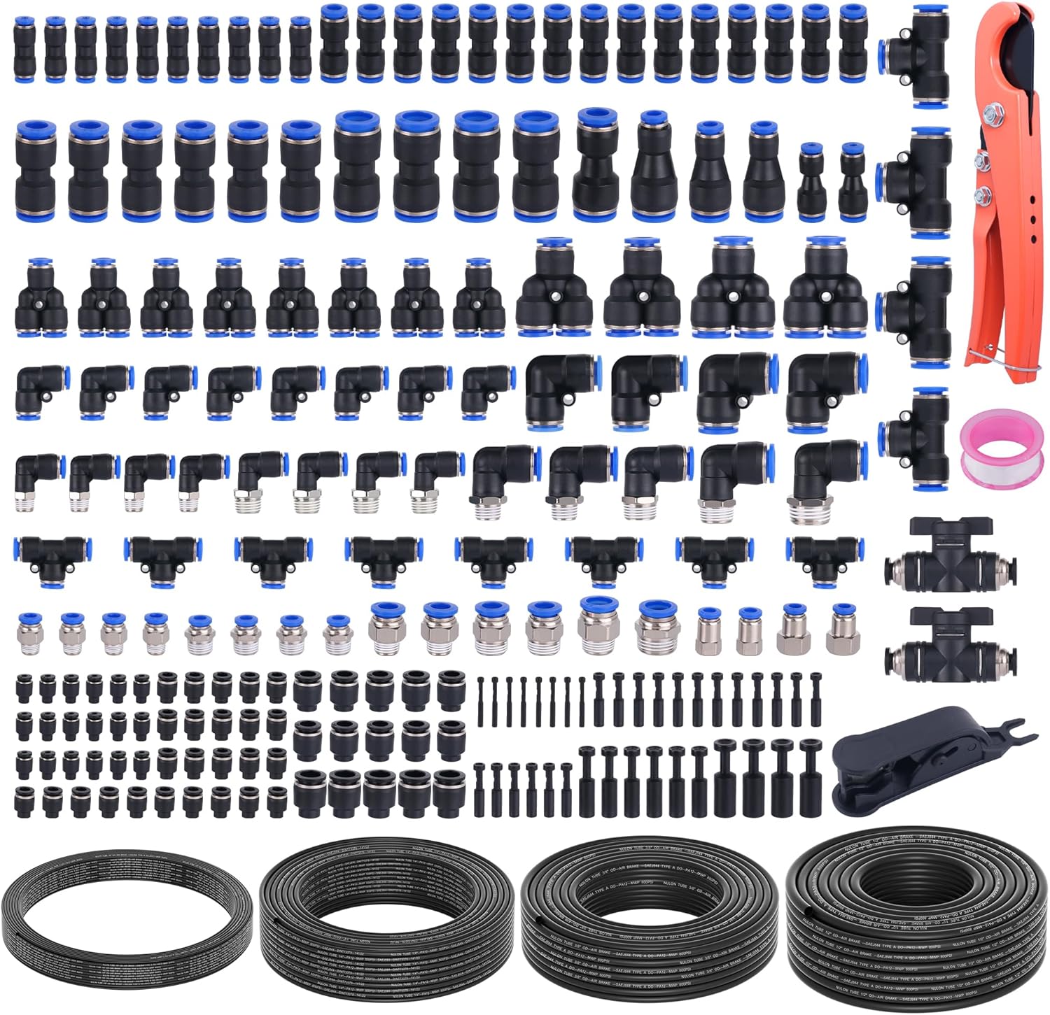 205 PCS Quick Connect Air Hose Fittings with 4 Rolls 50FT 1/8" 1/4" 3/8" 1/2" DOT Air Lines Kit Pneumatic Air Line Quick Connect Quick Release Fitting and Tubing Kit