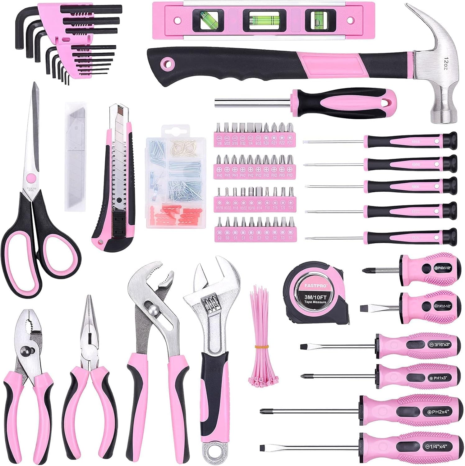 FASTPRO Pink Tool set -220-Piece Lady's Home Repairing Tool Kit & 12V Pink Cordless Lithium-ion Drill Driver
