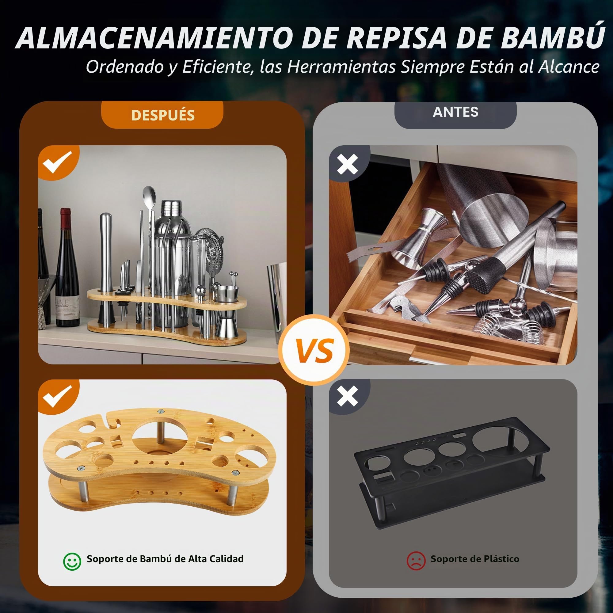 19 Piezas Coctelera, 750 Ml Coctelera Profesional de Acero Inoxidable Soporte Madera y Libro de Recetas De CóCteles, Cocktail Shaker, Regalo para Hombres y Mujeres (Bar en Casa, Fiesta, Boda)