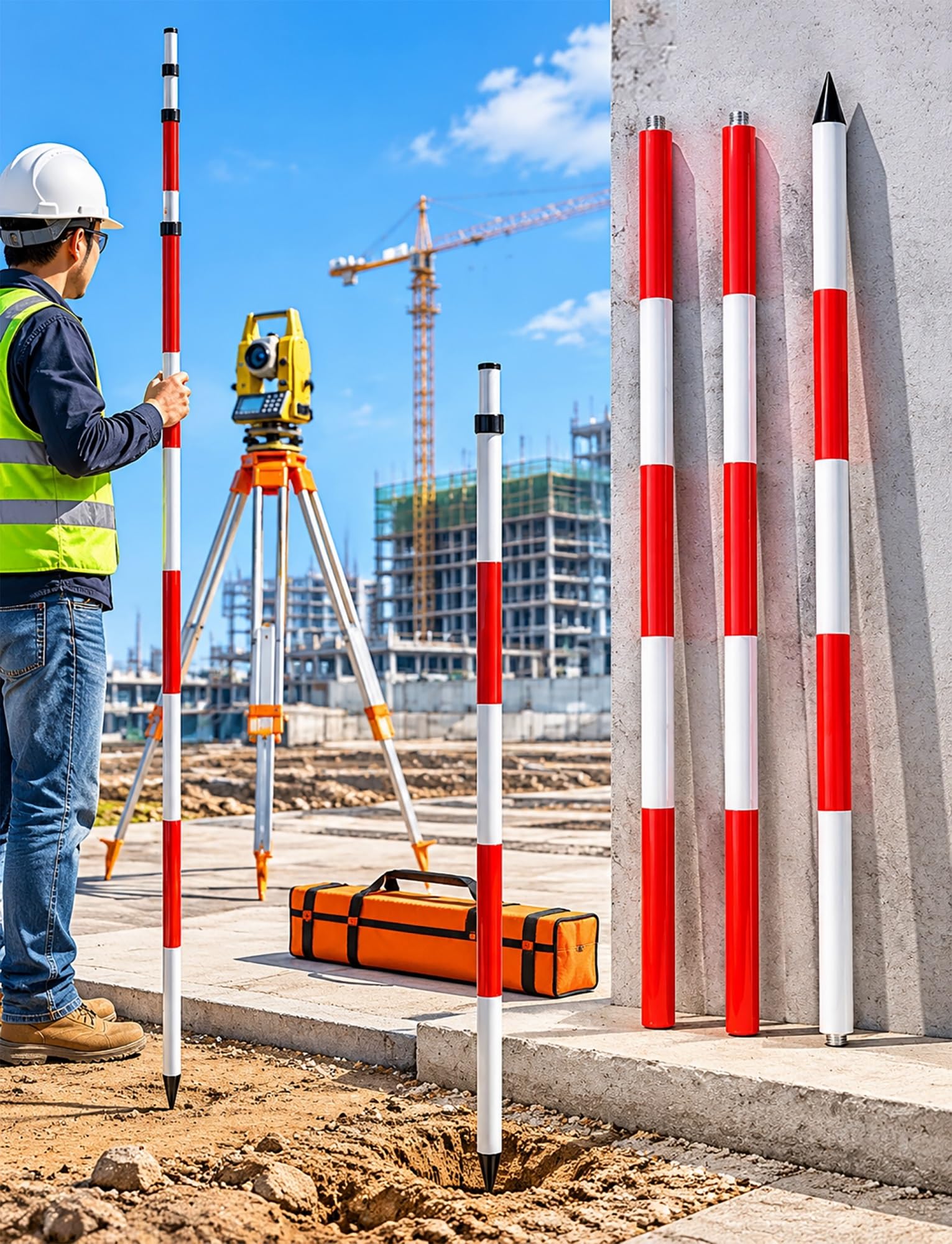 Asta di rilevamento in alluminio, bastone di misurazione telescopico per rilevamento del terreno, strumento di costruzione con borsa per il trasporto, palo portatile per misurazioni accurate
