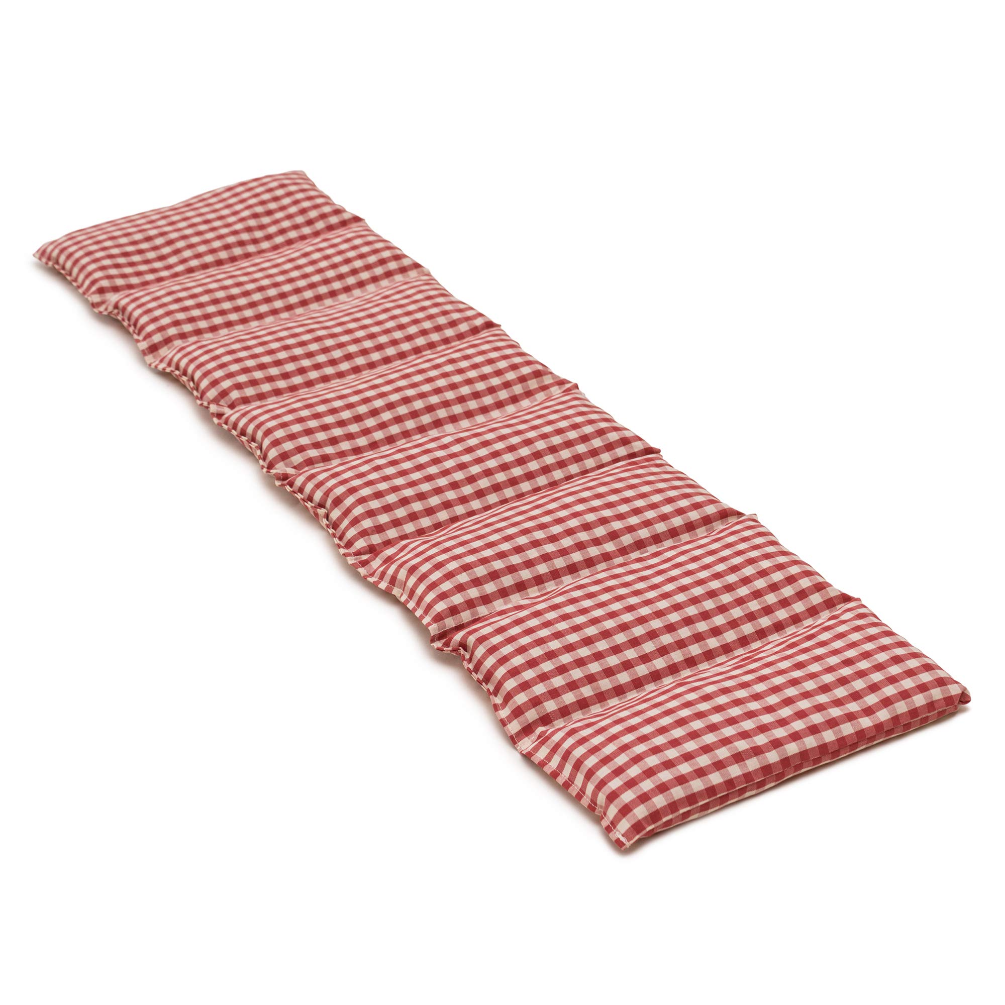 Cuscino termico - Cuscino con semi di lino, 75x20cm. Cuscino termico per la schiena, il ventre e molto altro. (Cotone Bio rosso e bianco, diviso en 8 compartimenti)