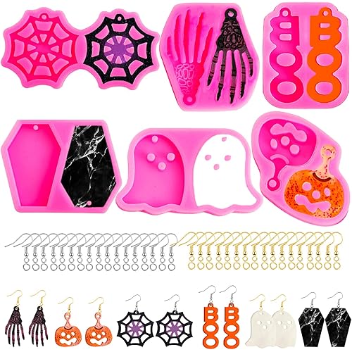 Hicarer 6 Pairs Halloween Earring Resin Molds Halloween Dangle Silicone Earring Pumpkin Spider Web Ghost Coffin Shaped Earring Molds with Earring Hooks for Women Girls DIY Craft