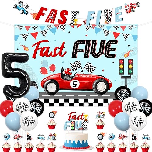 Race Car 5th Birthday Decorations for Boy Girl Blue Red Fast Five Backdrop Banner Cake Toppers Set Racing Fifth Birthday Decor Vintage Retro Car
