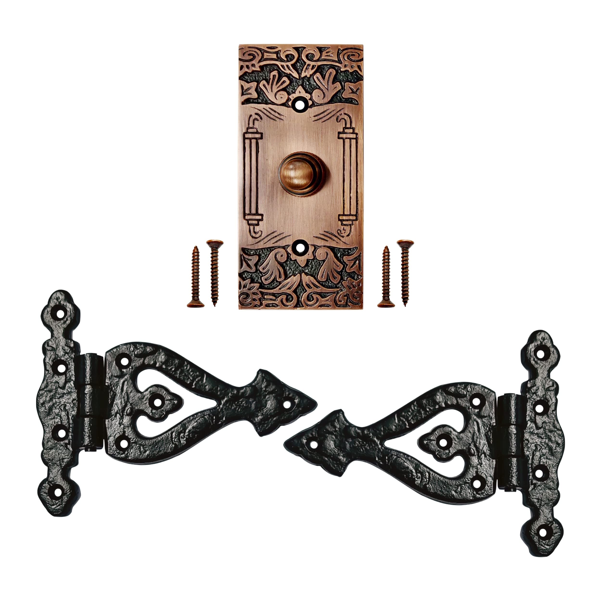 Akatva Doorbell Button with T Hinge Set – 2 Pieces Gate Hinges for Wooden Fences Heavy Duty – Bell Push Button – Doorbell Button Wired – Barn Hinges for Doors – Black Hinges – Antique Copper Finish
