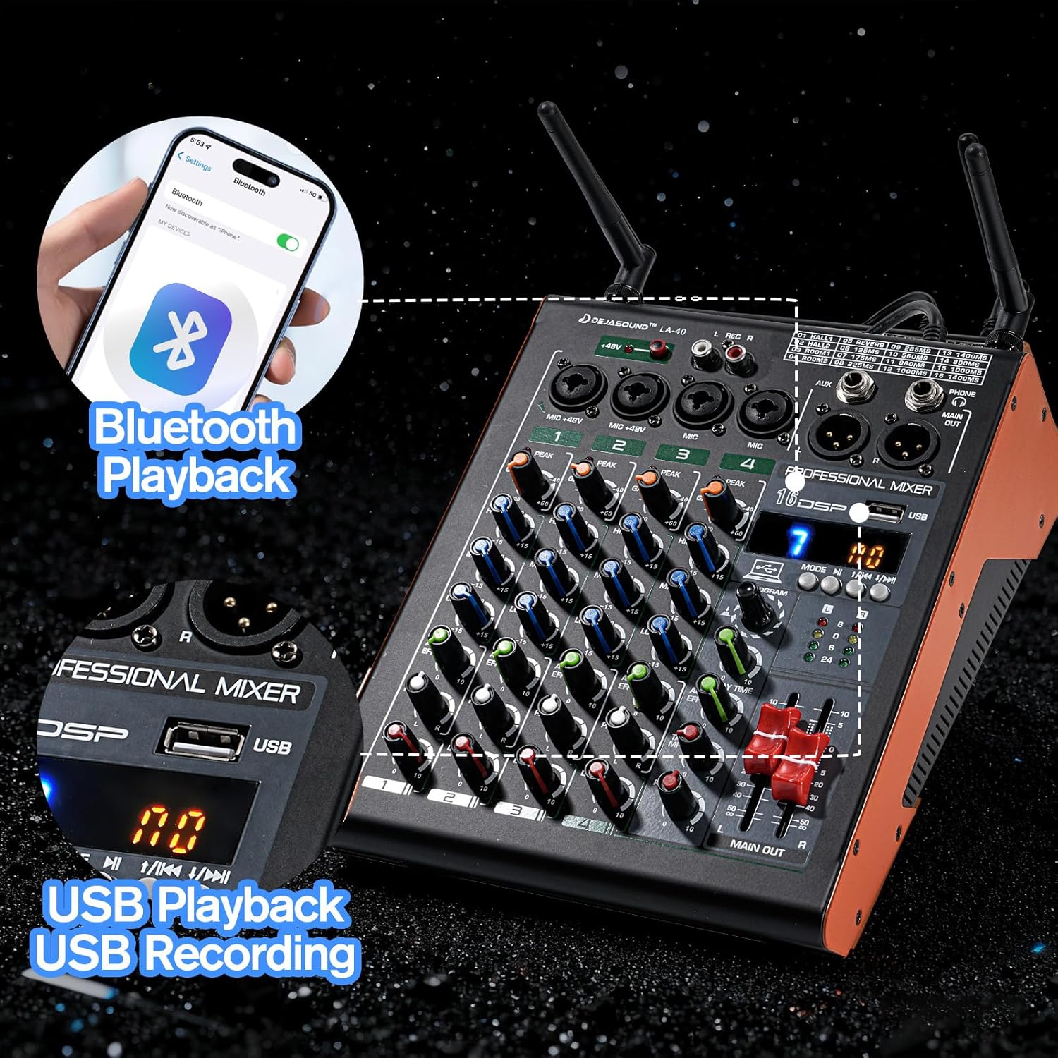 Dejasound LA-40 mixer showing Bluetooth playback and USB recording features