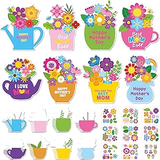 ANGOLIO Mother's Day Craft Kit - 40Sets Mother's Day Flowers DIY Paper Craft Kit Make Your Own Flower Pot Hanging Ornaments with Floral Stickers Thankful Gift for Mom Ladies Classroom DIY Art Activity