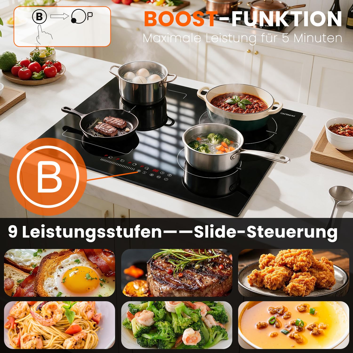 Karinear Induktionskochfeld 60cm mit Stecker 4 Platten 3500W