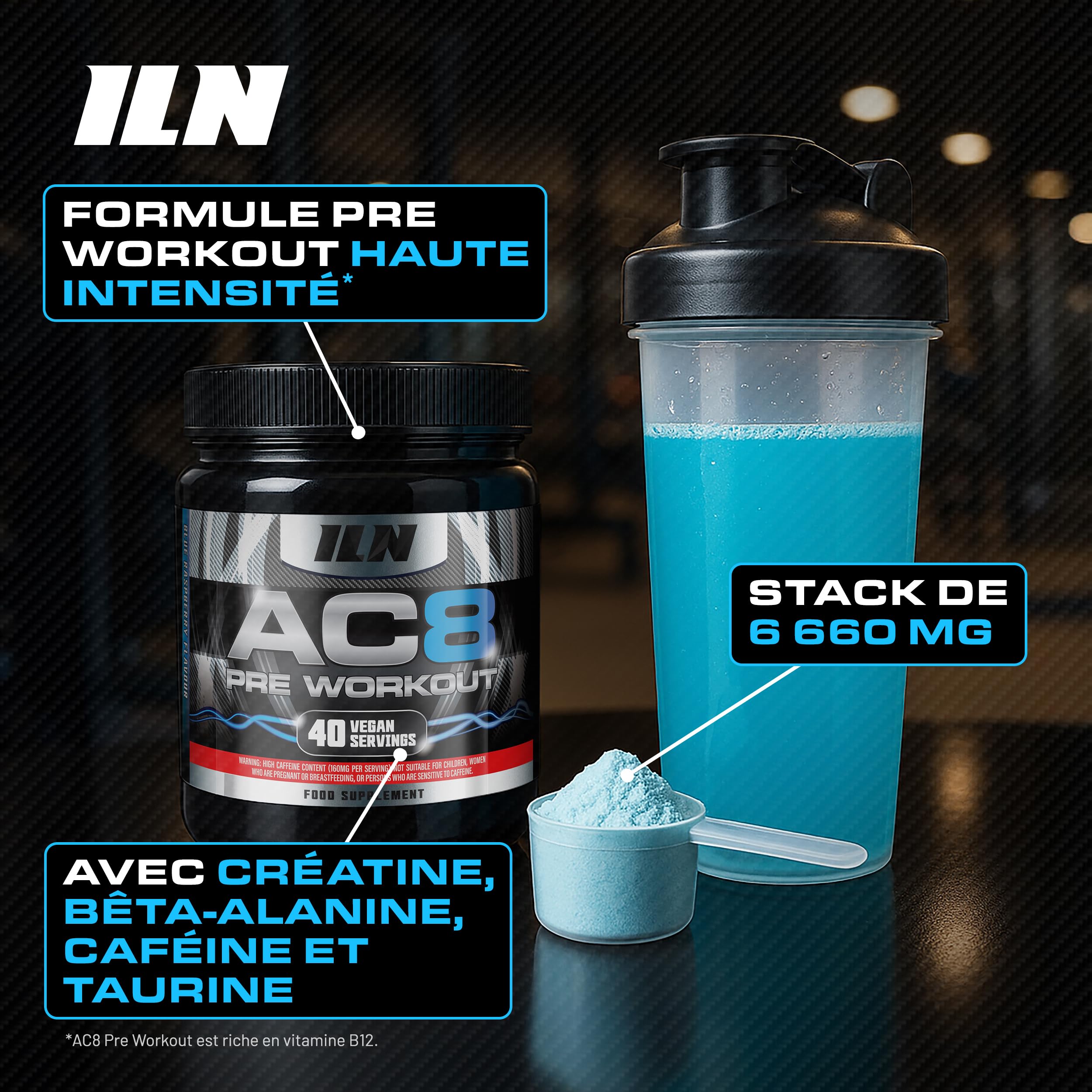 AC8 Pre Workout poudre framboise bleue 360 g - preworkout booster puissant pour hommes et femmes - avec créatine, caféine et vitamine B12 - jusqu’à 6 660 mg par portion