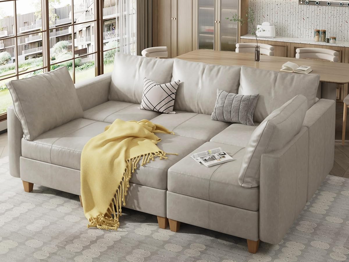EASE MOOSE Faux Leather Modular Sectional Sofa with Storage, Faux Leather sectional Couch Convertible Sleeper Modular Sofa