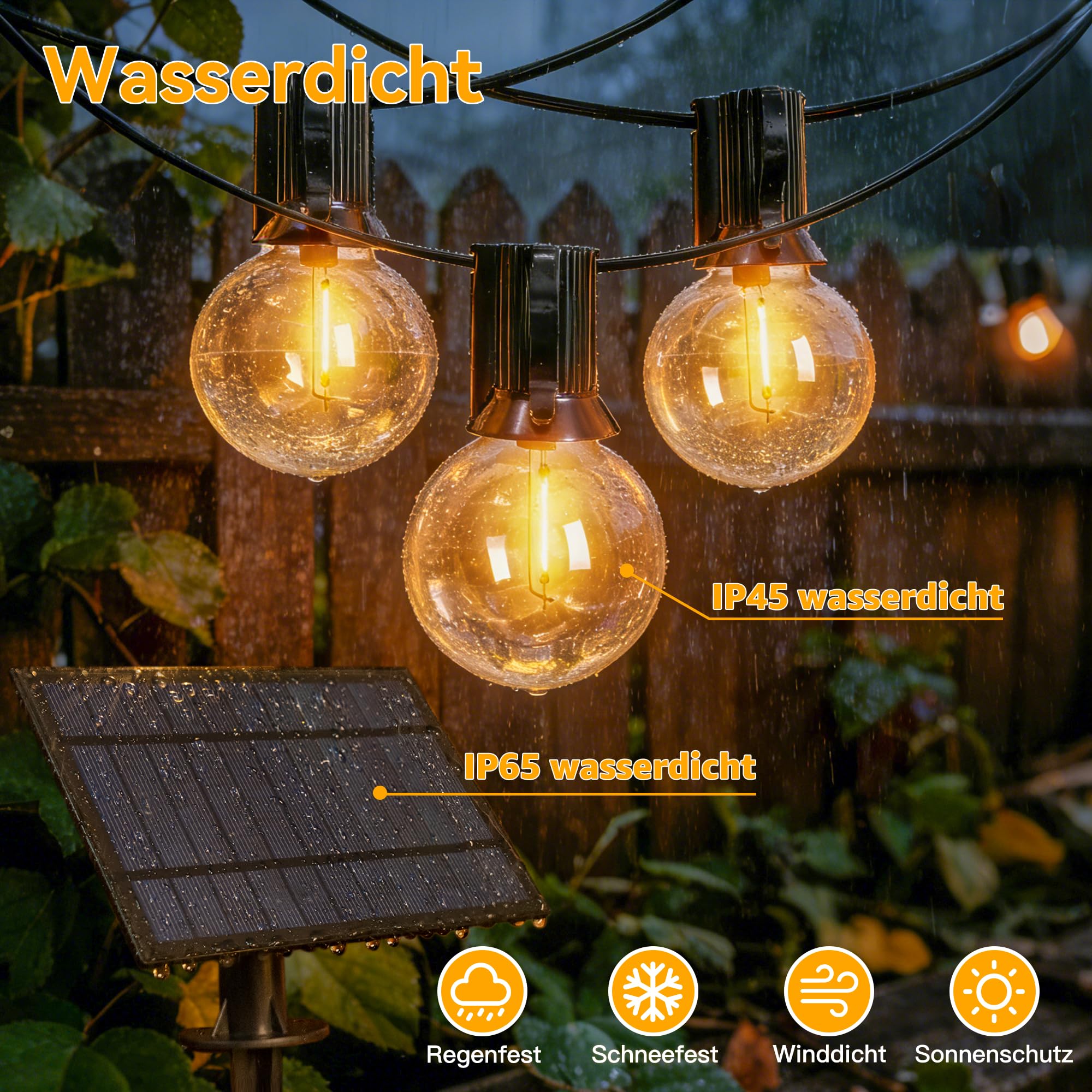 Guirnalda de luces solares para exteriores, 30 m, con 50 + 2 bombillas LED, G40, resistente a la intemperie, iluminación solar para jardín, balcón, mando a distancia, 3 modos de iluminación, función