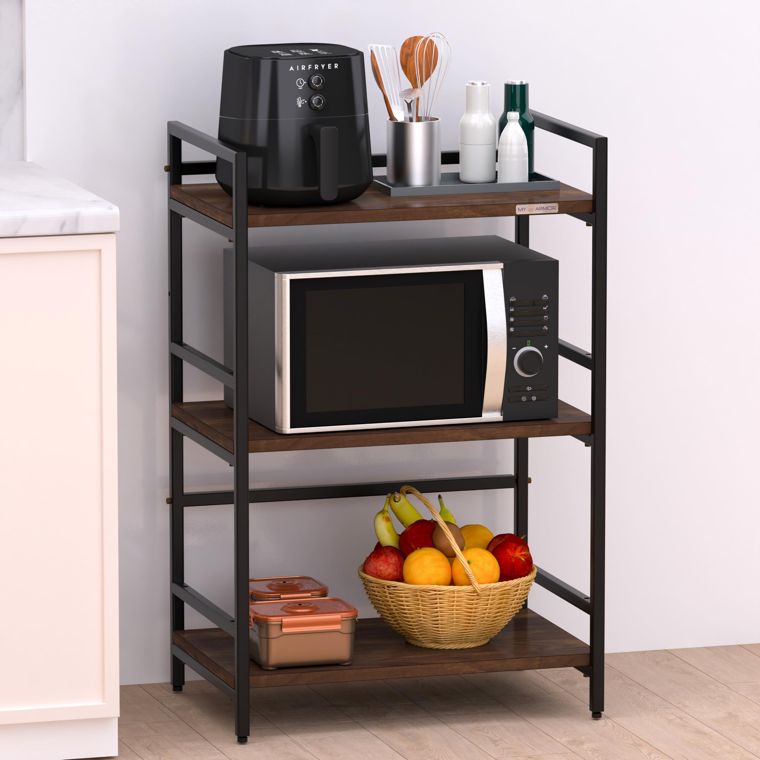 MY ARMOR Microwave Stand for Kitchen Platform, Wooden Oven Rack, OTG Stand Table, Microoven Storage Shelf, Kitchen Table for Appliances, Engineered Wood Organizer – 3 Tier-image-1