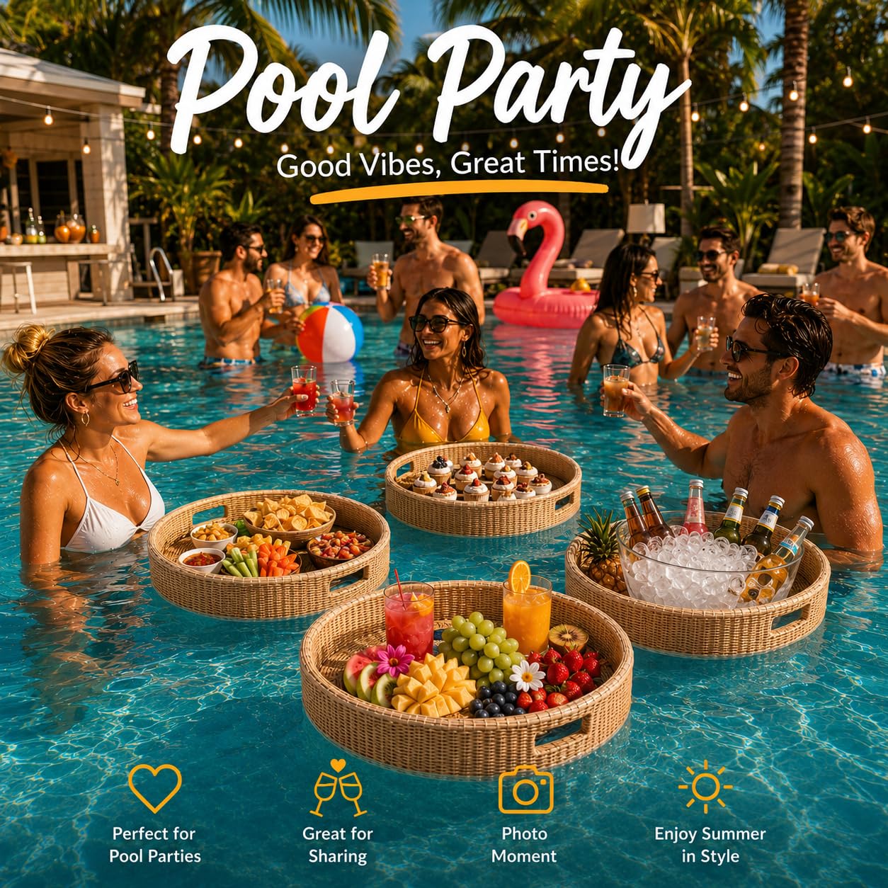 Vassoio Galleggiante Piscina, Tavolino in Rattan per Aperitivo | Vassoio galleggiante in rattan per drink e snack. Perfetto per feste in piscina e spa(Coffee,23.6"x23.6"x7.9")