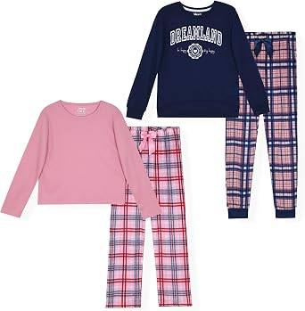 Sleep On It 4-Piece Girls Pajama Sets for Kids Sleepwear Woven Plaid Pajamas for Girls