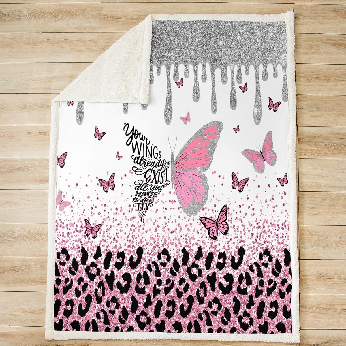 Manfei Pink Butterfly Throw Blanket Silver Glitter Bed Blanket for Kids Girls Adult Room Decor Pink Leopard Print Blanket for Couch Sofa Soft and Breathable Fleece Blanket(90 x 90 Inches) - Image 2