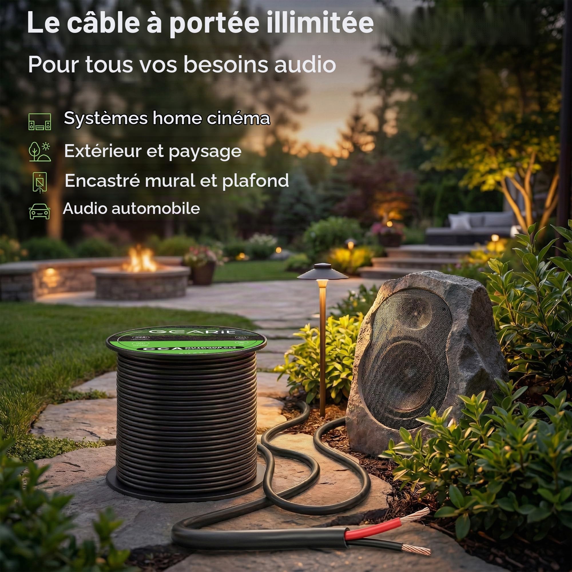 GearIT Fil de haut-parleur 14/2 (60 m) de calibre 14 (aluminium plaqué cuivre) – Enoubliment direct extérieur dans le sol/dans le mur/classé CL3 CL2 / 2 conducteurs – CCA, noir 61 m