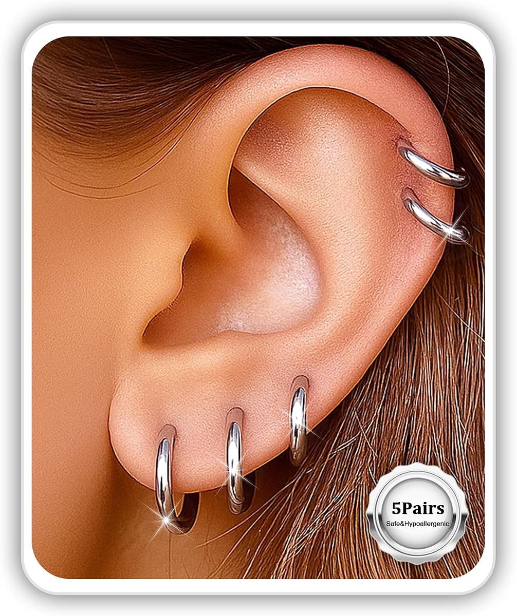 Pendientes de aro Huggie de acero quirúrgico y tacos planos para mujeres Hombres, aros pequeños de 6 mm-14 mm para cartílago Lóbulo de hélice trágica, 1-10 pares Juego de joyas de perforación múltiple para oídos sensibles