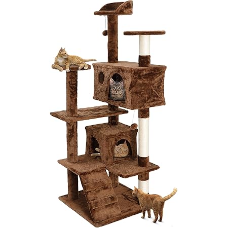 Amazon Com Zeny 53 Inches Cat Tree With Sisal Covered Scratching Posts And 2 Plush Rooms Cat Furniture For Kittens Brown Pet Supplies