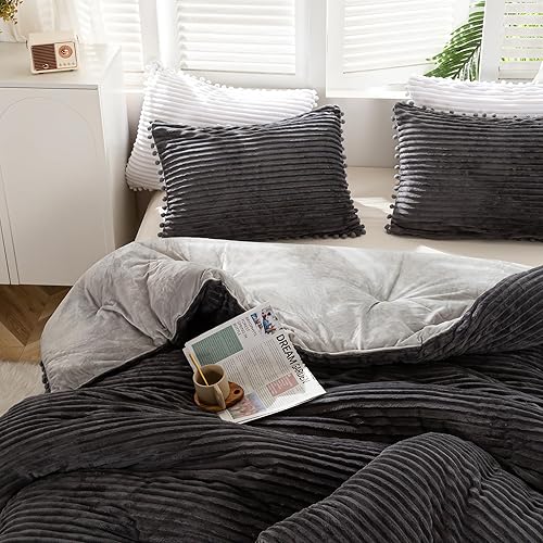 Miniatura 7 de Juego de edredón bohemio reversible color rubor, tamaño King, 3 piezas de ropa de cama de terciopelo a rayas color malva pálido, juego de edredón