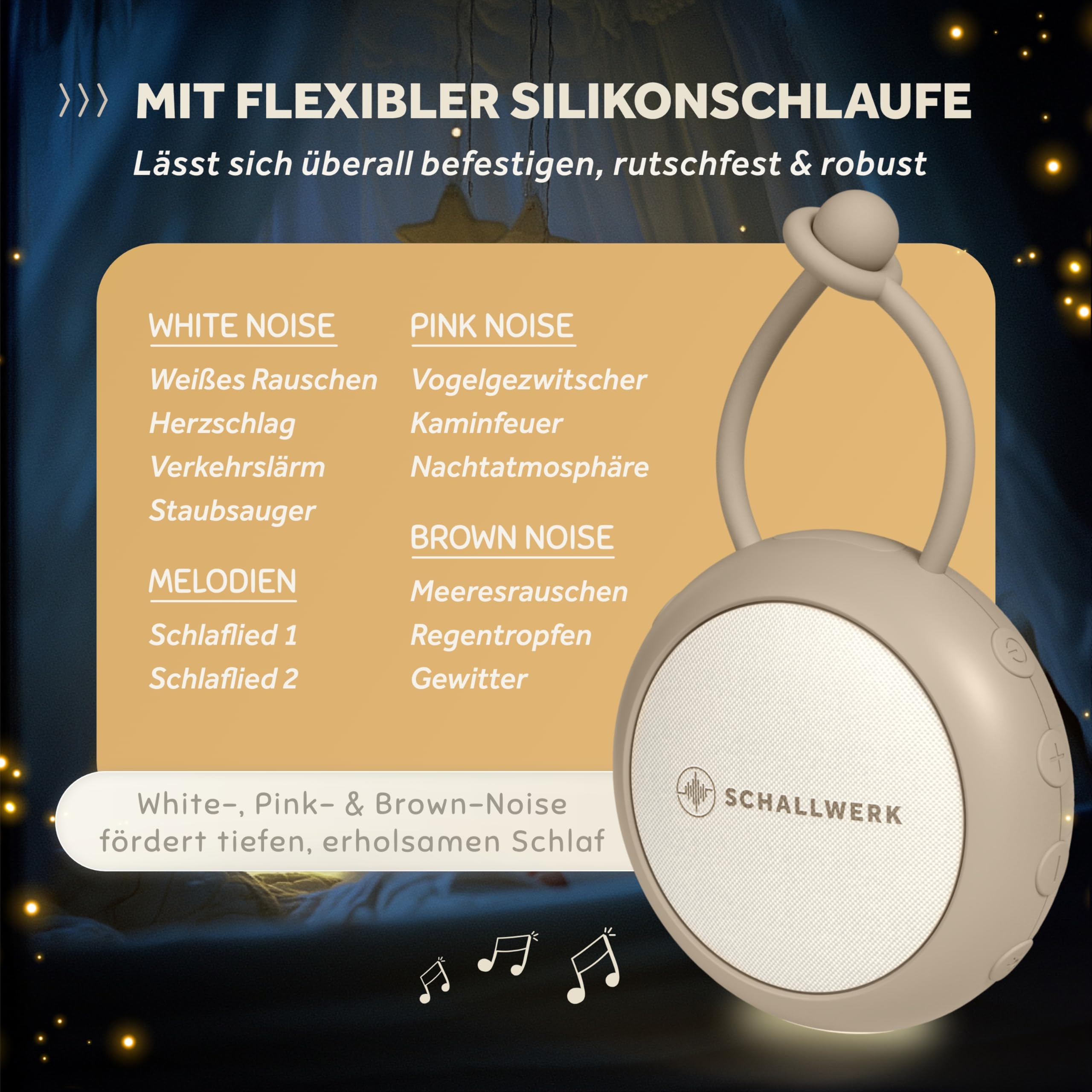 Schallwerk® White Noise Machine Baby – Einschlafhilfe für Babys & Erwachsene mit weißem Rauschen, Naturgeräuschen & Mehr – Geräuschebox mit Nachtlicht & Timer – Tragbar & leise
