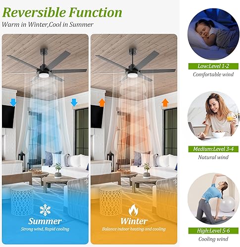 Miniatura 3 de Ventiladores de techo de 64 pulgadas con luces y control remoto y APP, ventilador de techo industrial reversible con motor CC silencioso, 6