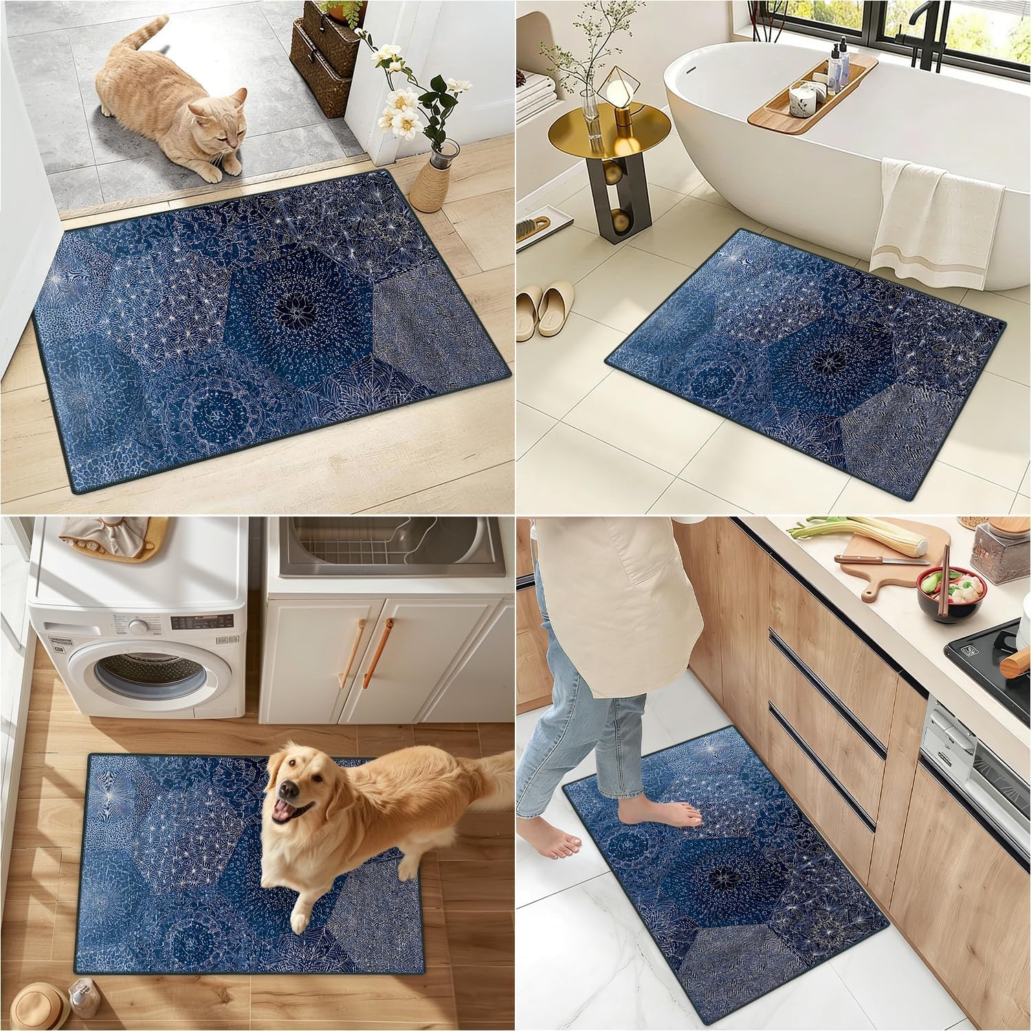 Navy Blue Washable 2x3 Entry Rug, Small Area Rugs for Bedroom Office Entry Door Mat, Non Slip Backing, Glitter Starry Night Sky Texture Celestial Modern Glam Decor