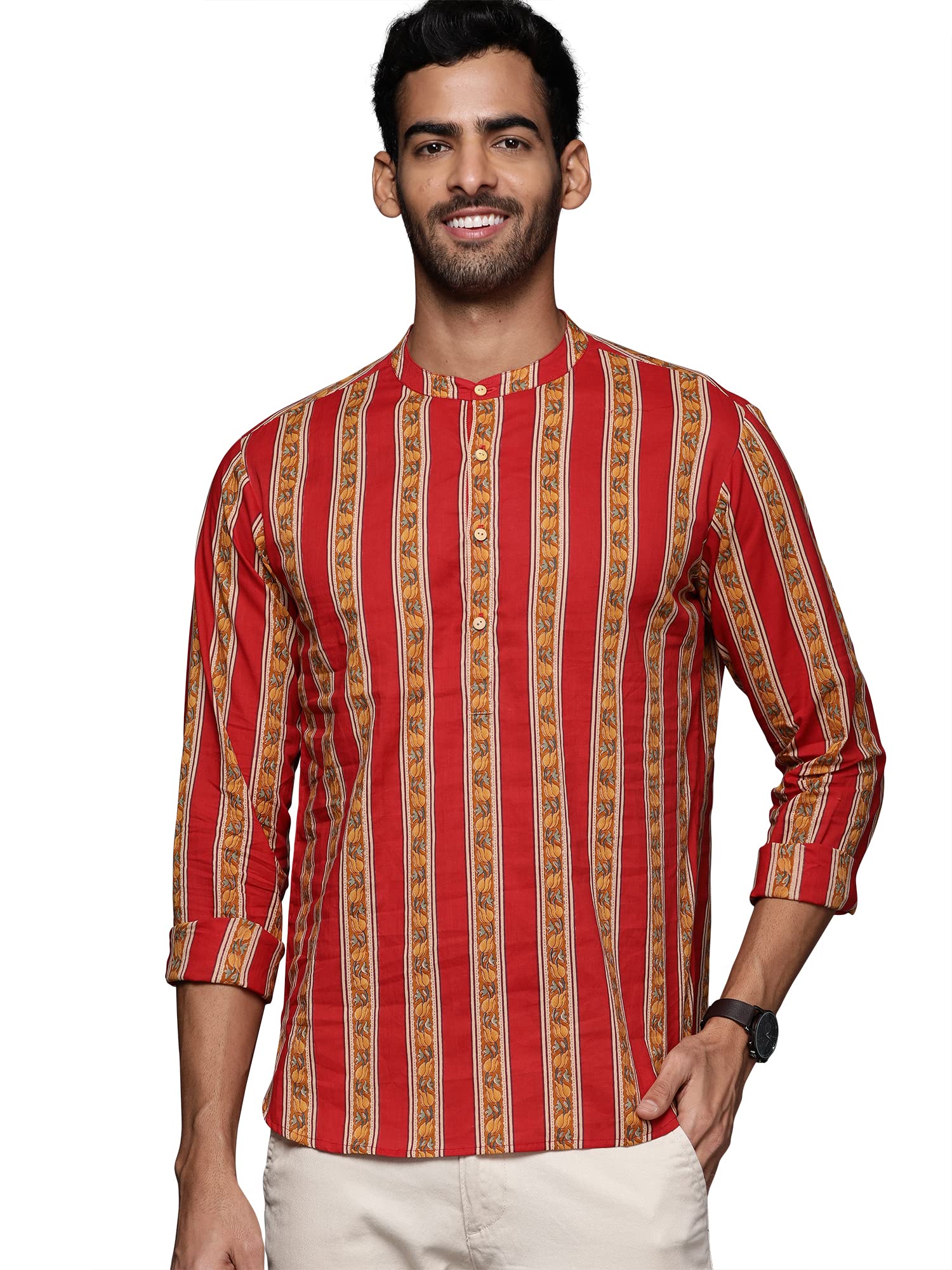 indo era Men's Cotton Straight Fit Striped Daily Short Kurta (MKR0RD1176_Red_Ready to Wear_S to 2XL-Size)-picture-31