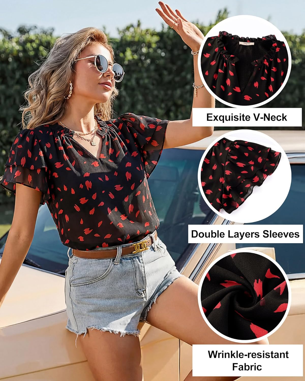 Timeson Womens Summer Tops Dressy Casual Short Sleeve Chiffon Blouses V Neck Business Work Shirts - Image 7