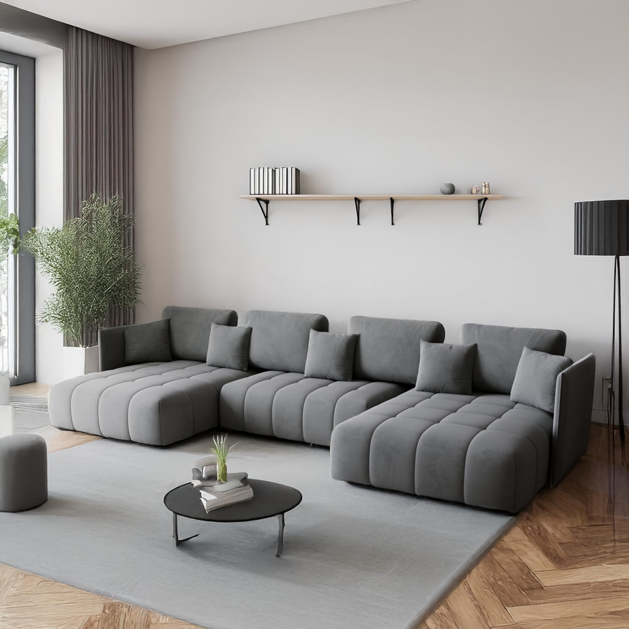 Wohnlandschaft u Form- Gona U - Schlafsofa 346 x 188 cm - T30-Schaumstoff - Automatisches Zusammenklappen für einfaches Entfalten - 346x188x93cm - Monolith 84 (Grau)