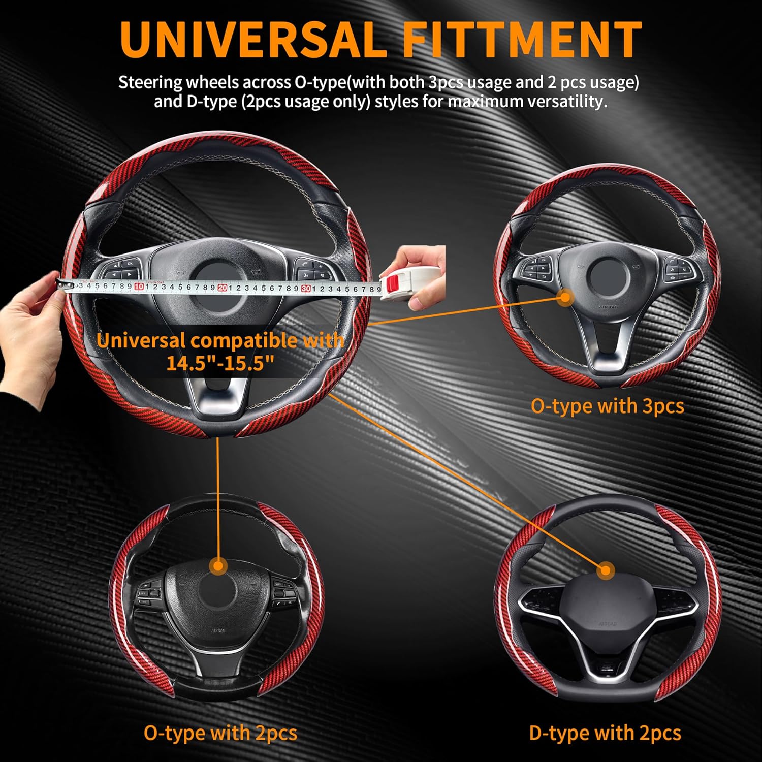 Carbon Fiber Steering Wheel Cover 3 Piece Set, Anti-Slip Steering Wheel Cover for Men/Women, Universal Car Accessories for Cars, SUVs, Trucks (Red)