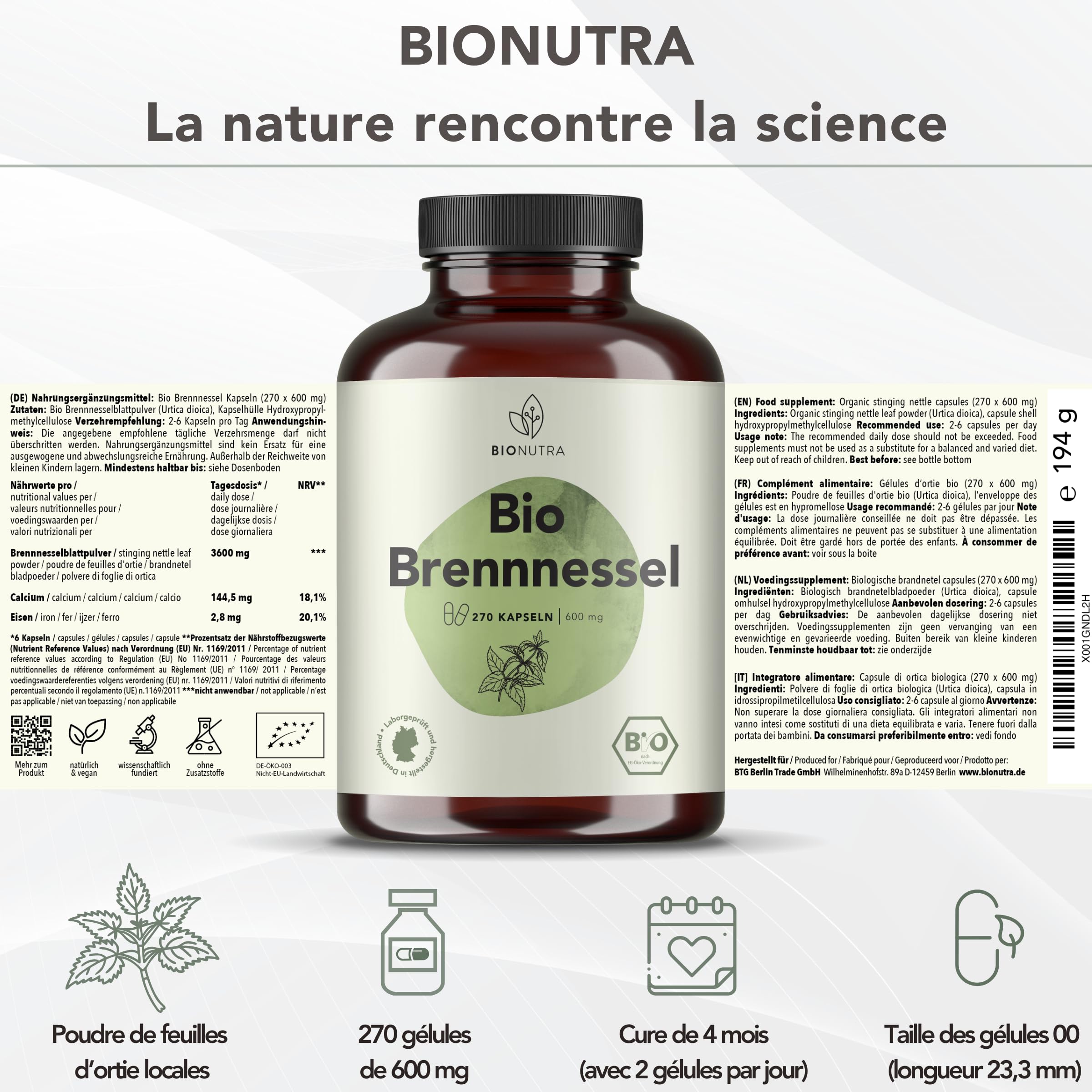BIONUTRA® Gélules d’Ortie Bio hautement dosées, 1000 mg/jour, contrôlées contre les résidus, fabrication allemande, véganes, sans lactose ni gluten, sans additifs, 270 gélules x 500 mg